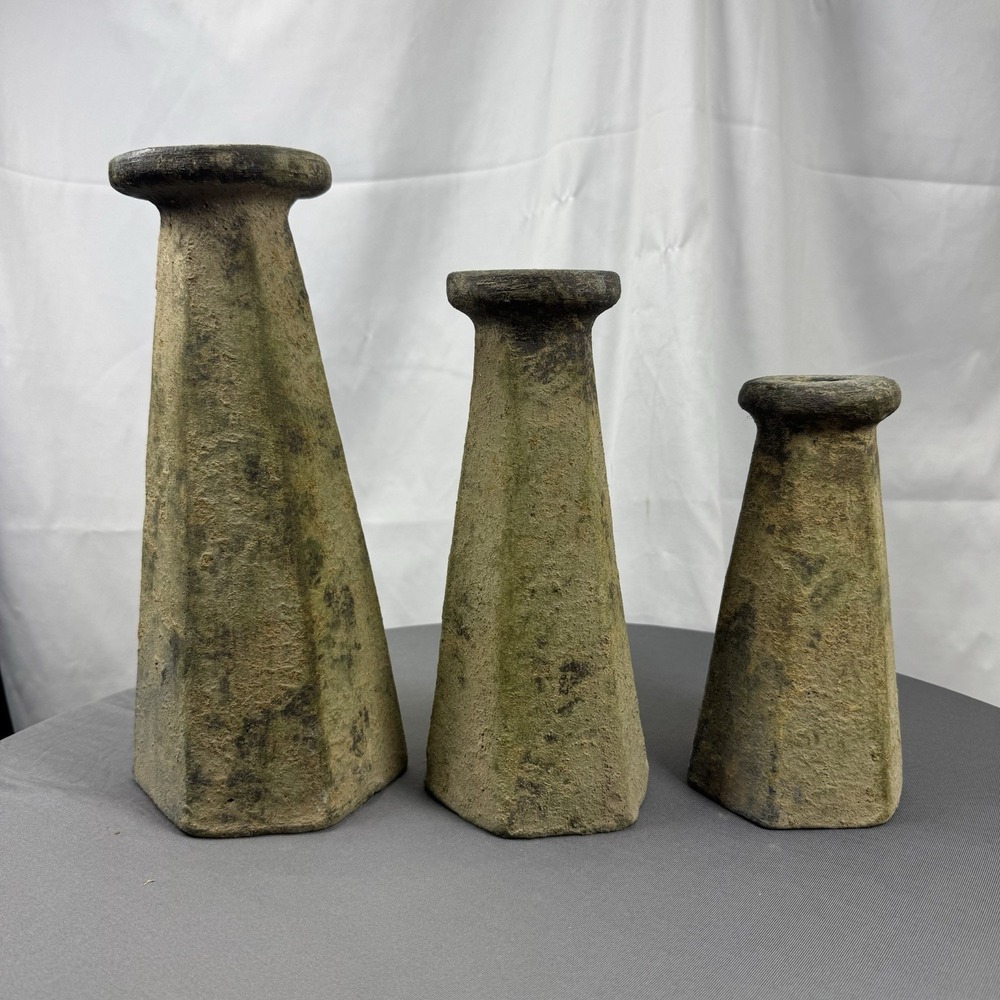 Vintage Primitive Set Of‎ 3 Textured Candle Stockholders Or Pillars